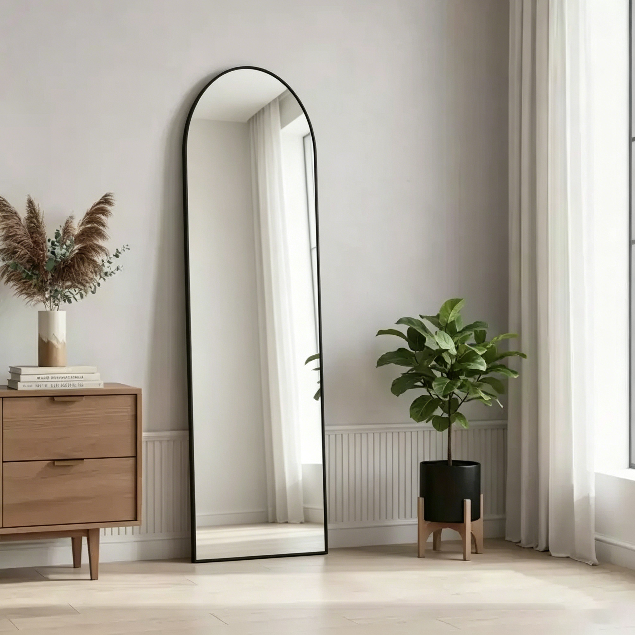 Black aluminum alloy arched floor-standing or wall-mounted full-length mirror