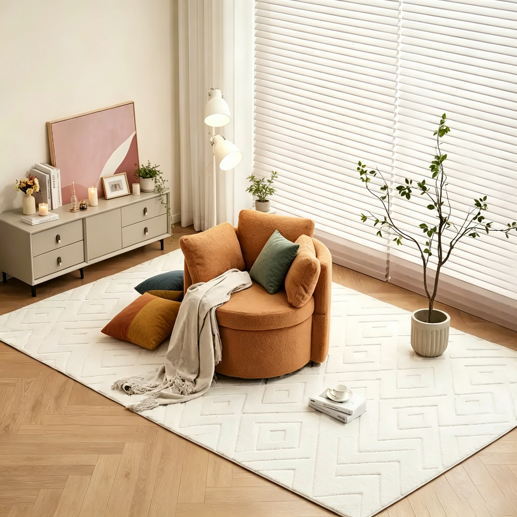 Fauteuil pivotant de rangement Teddy en tissu bouclette;