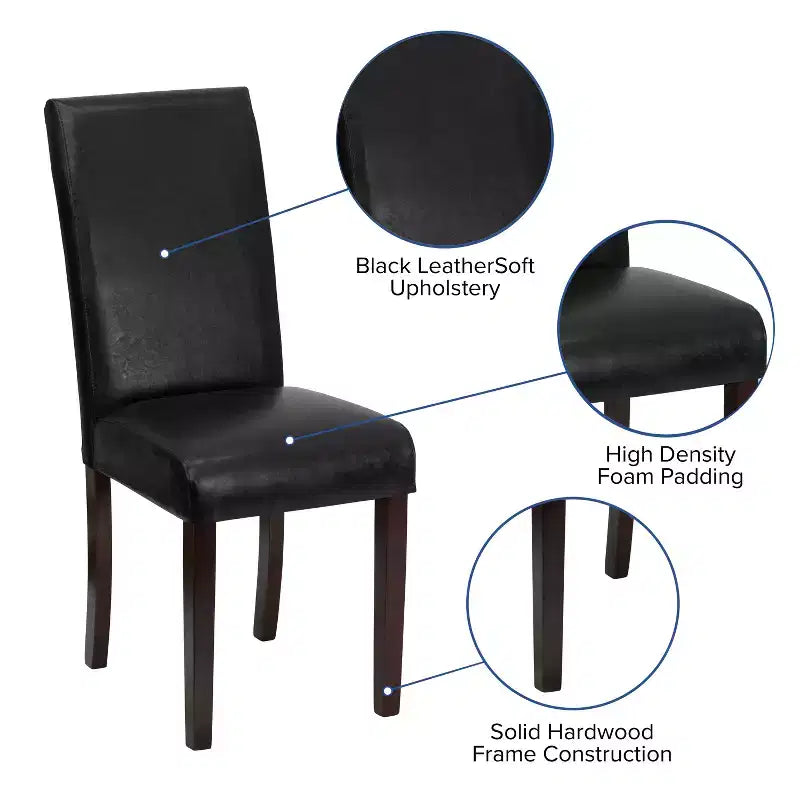 Chaise de prédicateur à dossier en similicuir noir, convenant aux cuisines, salles à manger et autres espaces similaires.