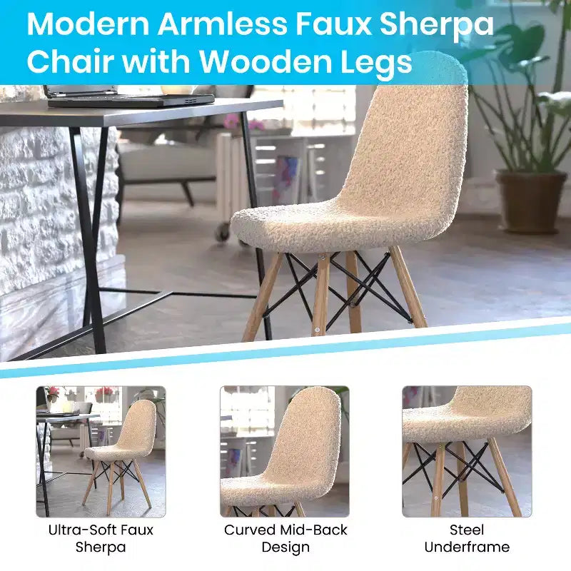 Fauteuil lounge en fausse peau de mouton avec pieds en hêtre