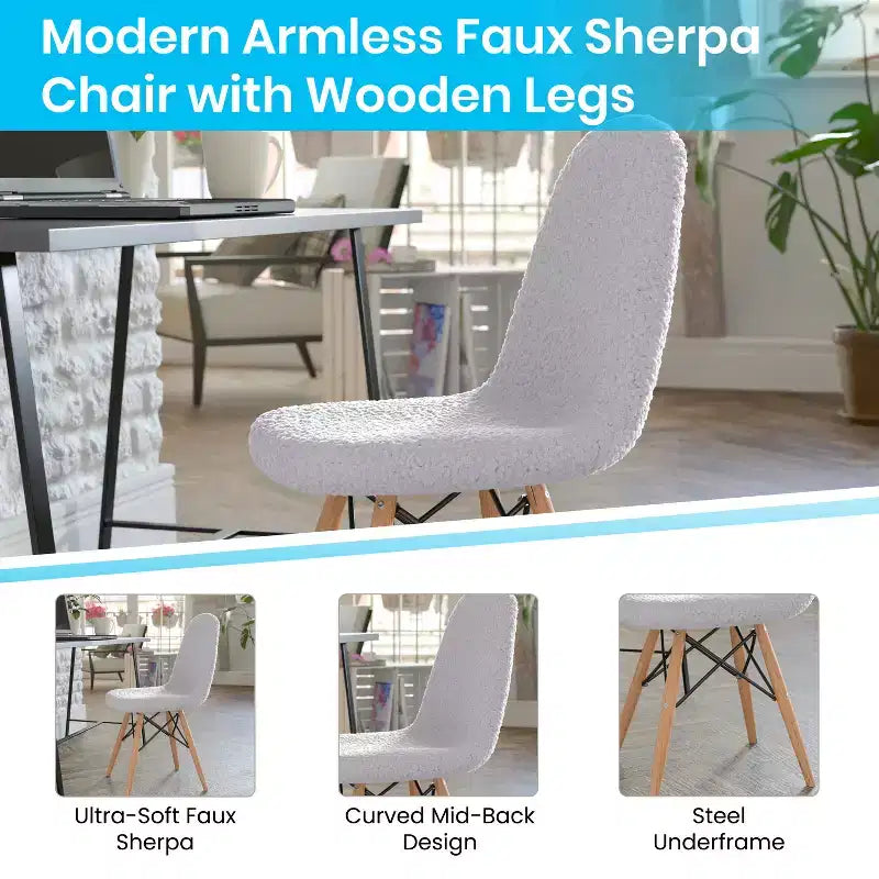 Fauteuil lounge en fausse peau de mouton avec pieds en hêtre